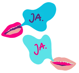 Zwei stilisierte Münder mit Sprechblasen "Ja"