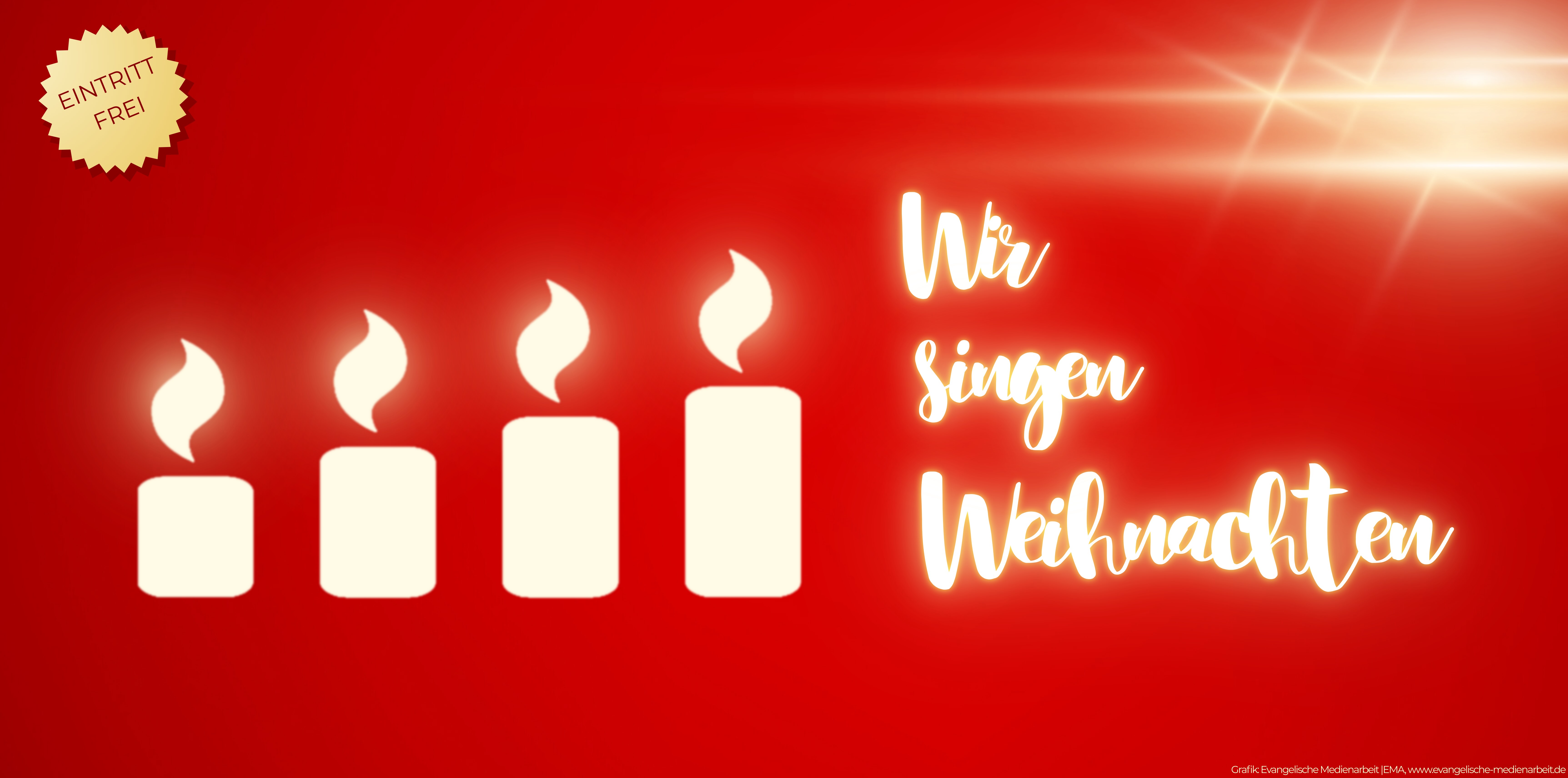 Vier stilisierte Kerzen auf rotem Hintergrund, dazu die Zeilen 'Wir singen Weihnachten'